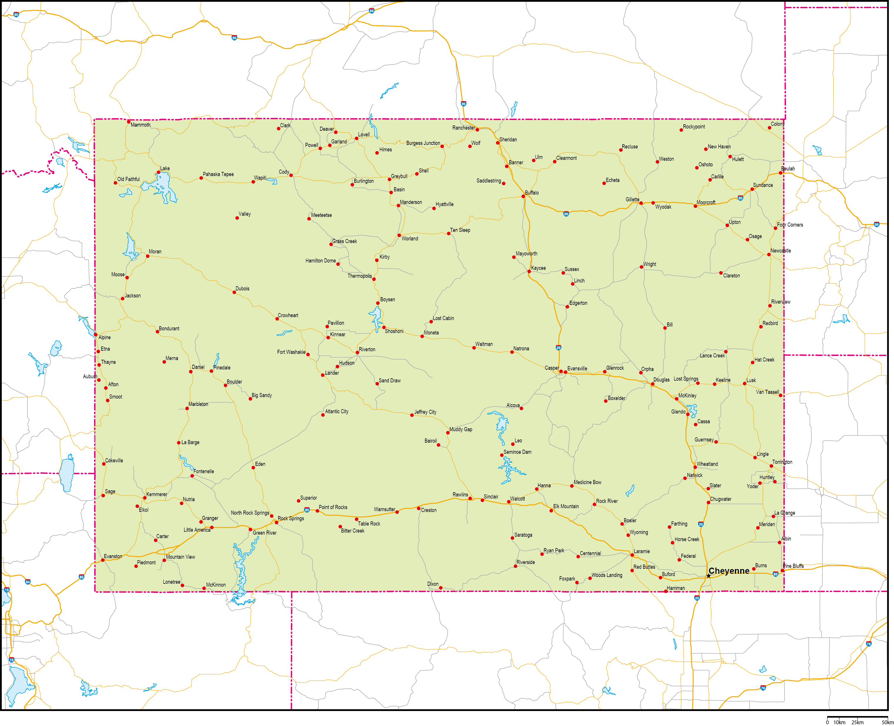 ワイオミング州地図州都・主な都市・道路あり(英語)フリーデータの画像