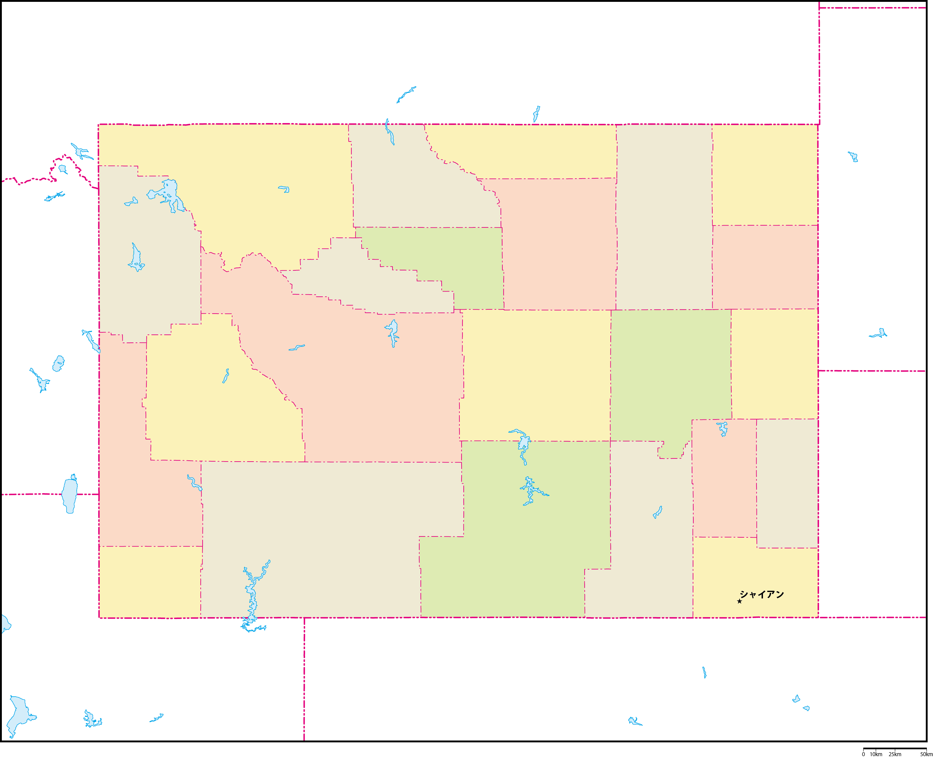 ワイオミング州郡色分け地図州都あり(日本語)フリーデータの画像