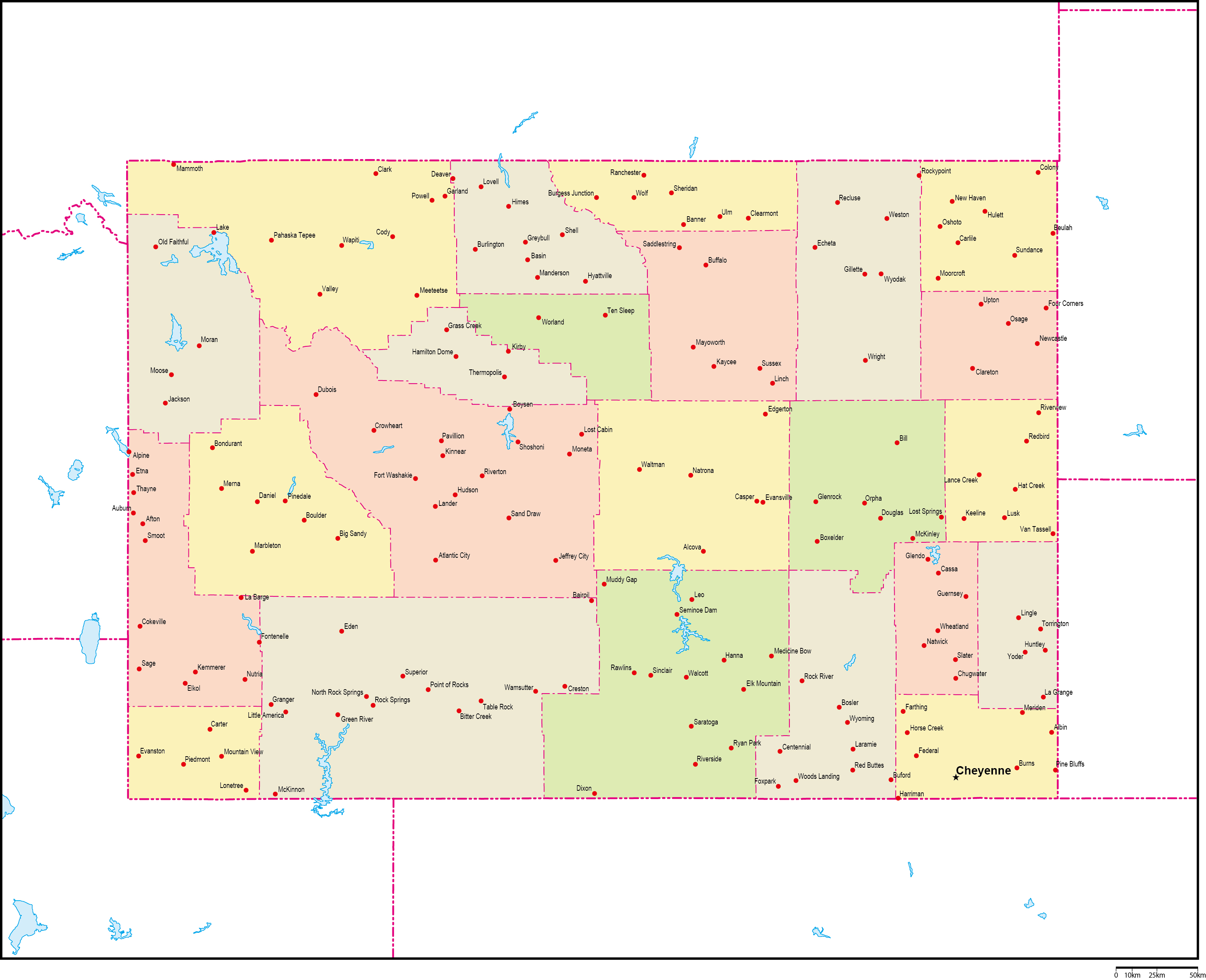 ワイオミング州郡色分け地図州都・主な都市あり(英語)フリーデータの画像
