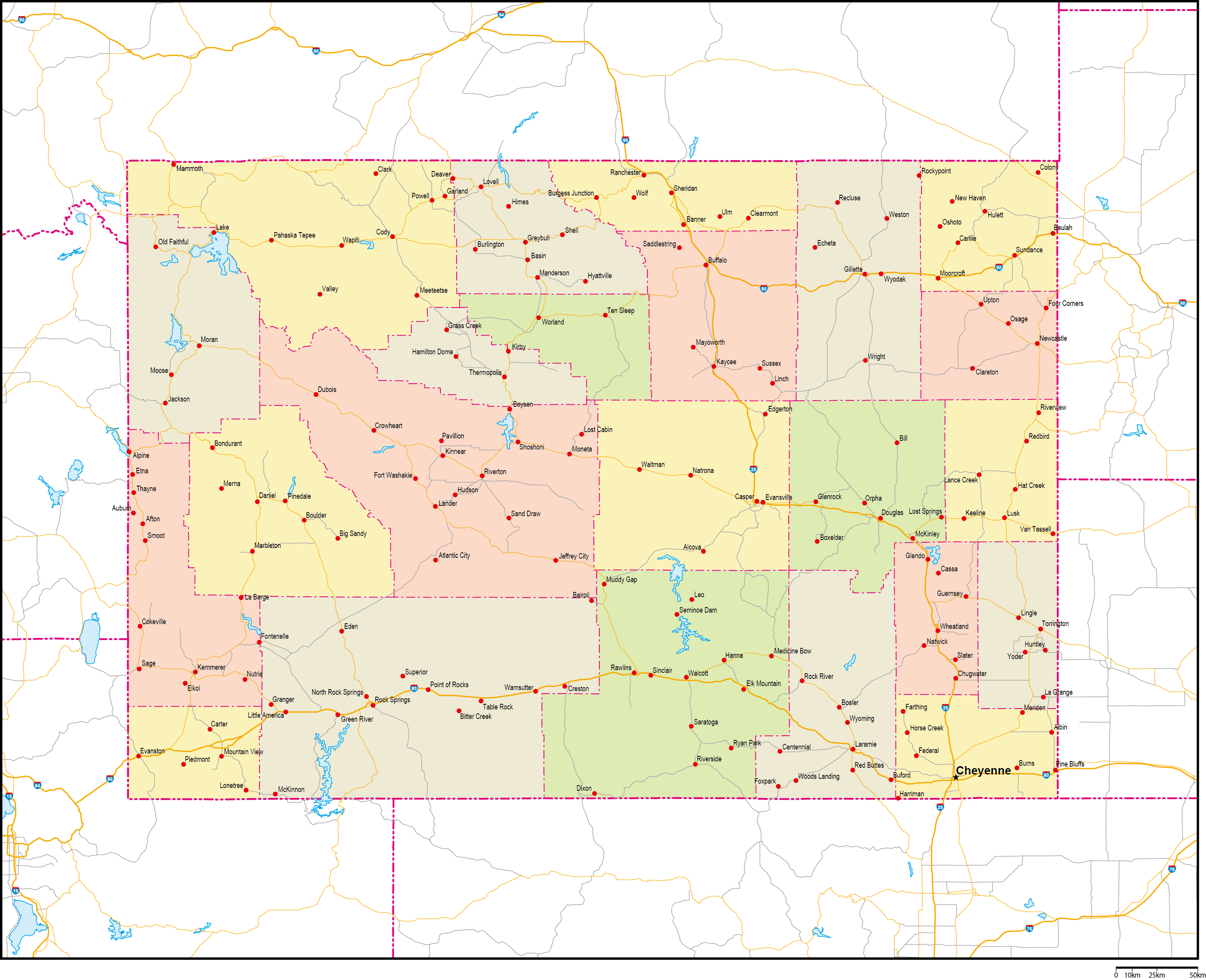 ワイオミング州郡色分け地図州都・主な都市・道路あり(英語)フリーデータの画像