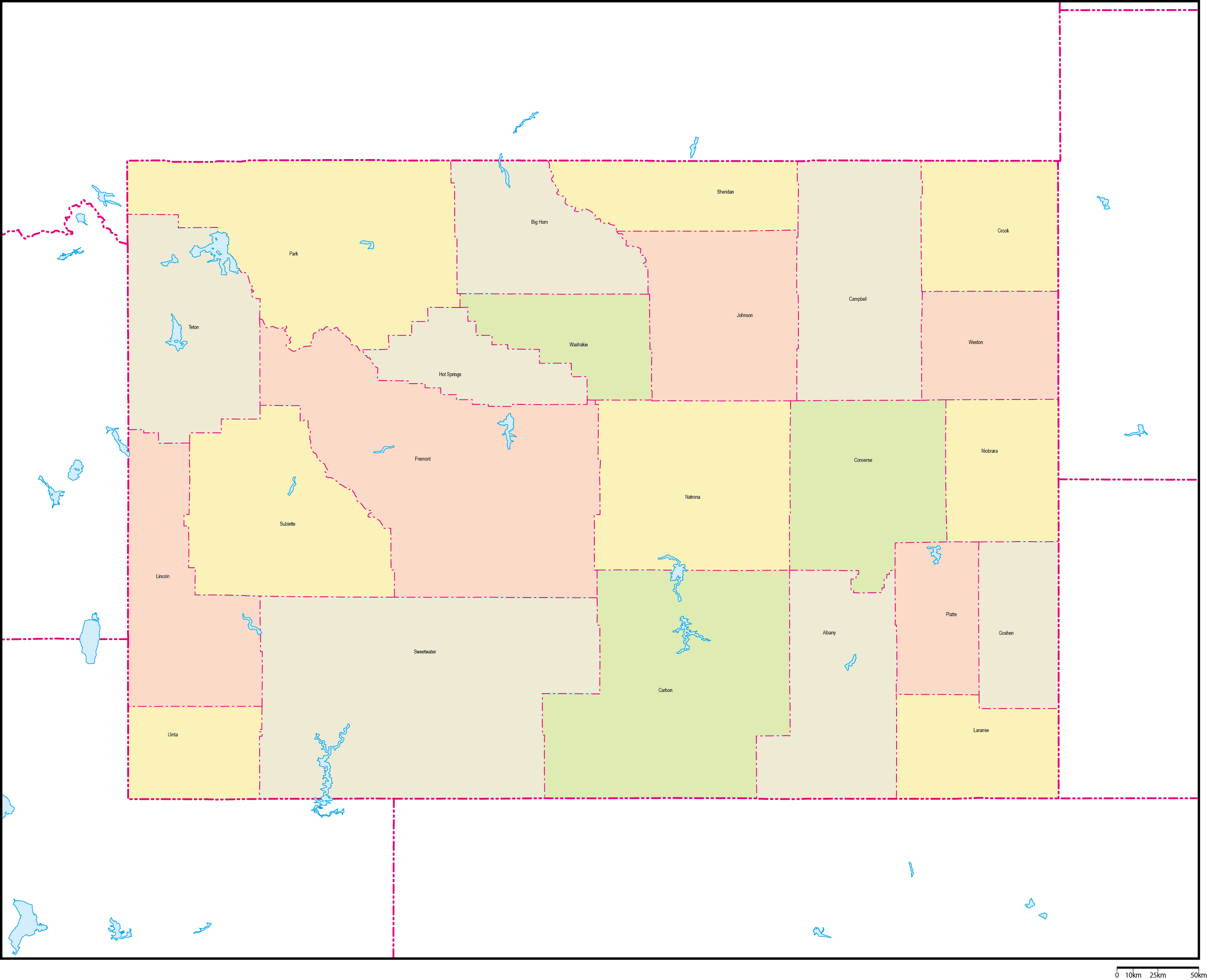ワイオミング州郡色分け地図郡名あり(英語)フリーデータの画像