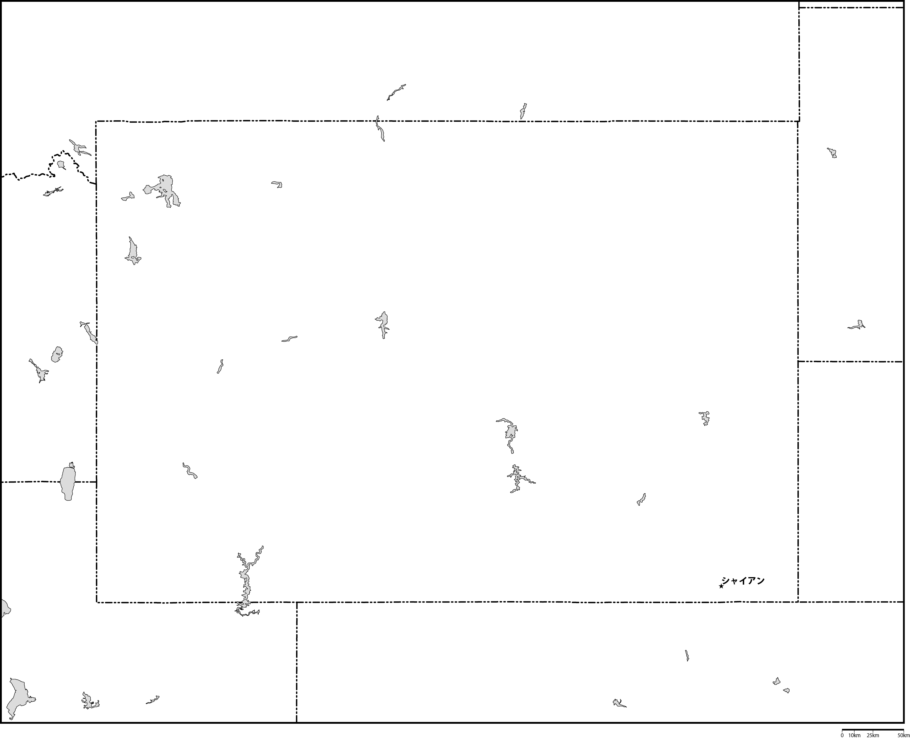 ワイオミング州白地図州都あり(日本語)フリーデータの画像