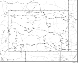 ワイオミング州白地図州都・主な都市・道路あり(英語)