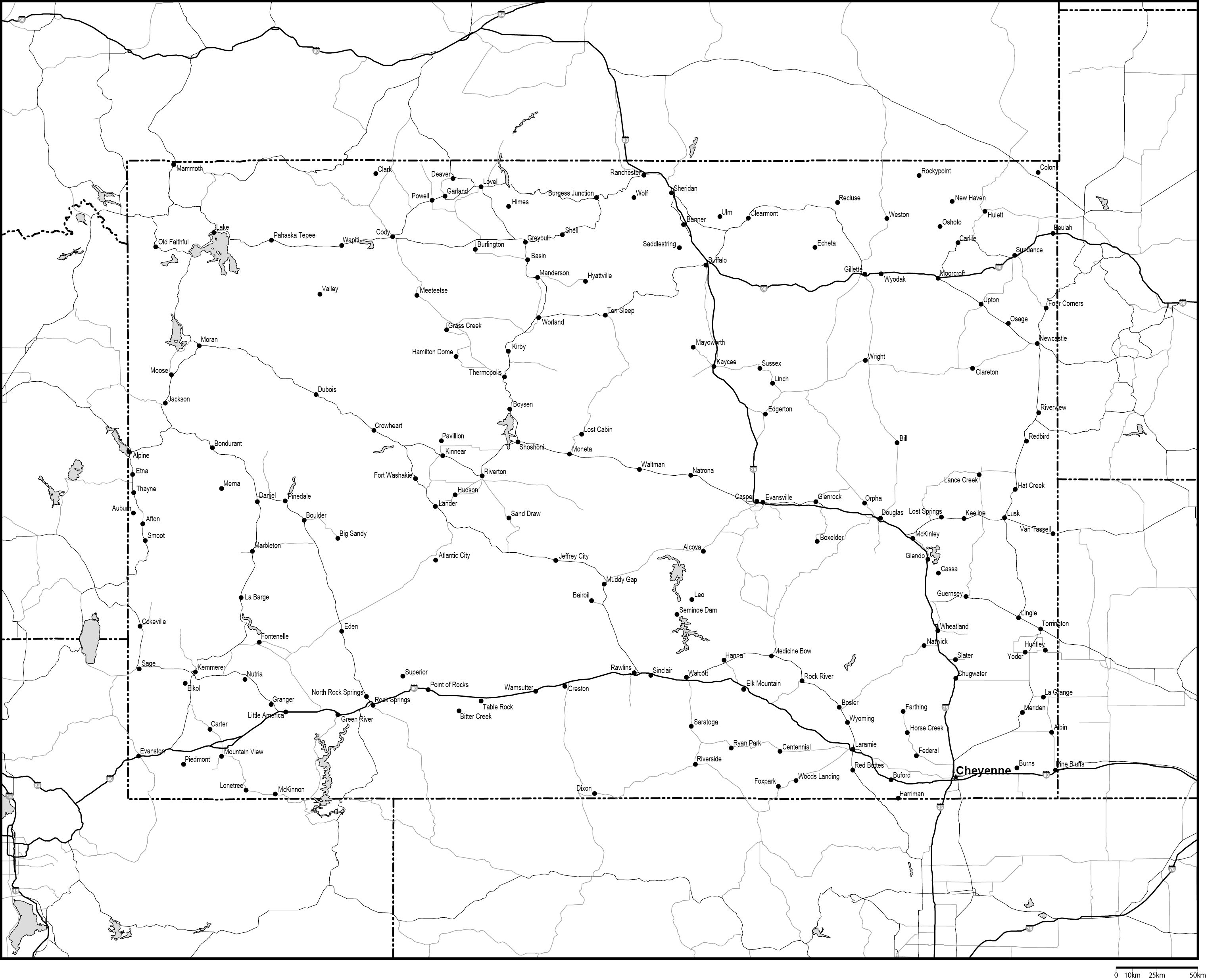 ワイオミング州白地図州都・主な都市・道路あり(英語)フリーデータの画像