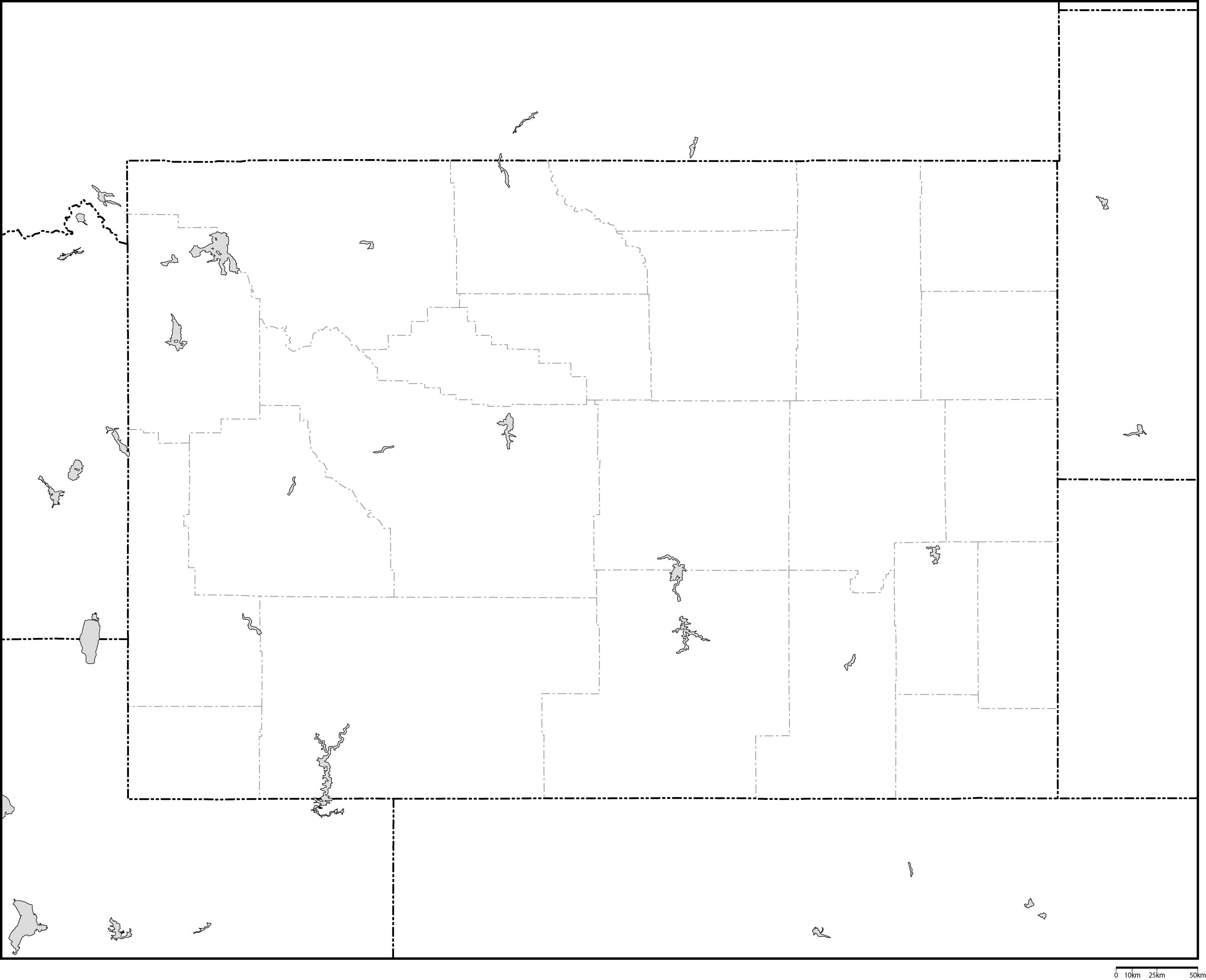 ワイオミング州郡分け白地図フリーデータの画像