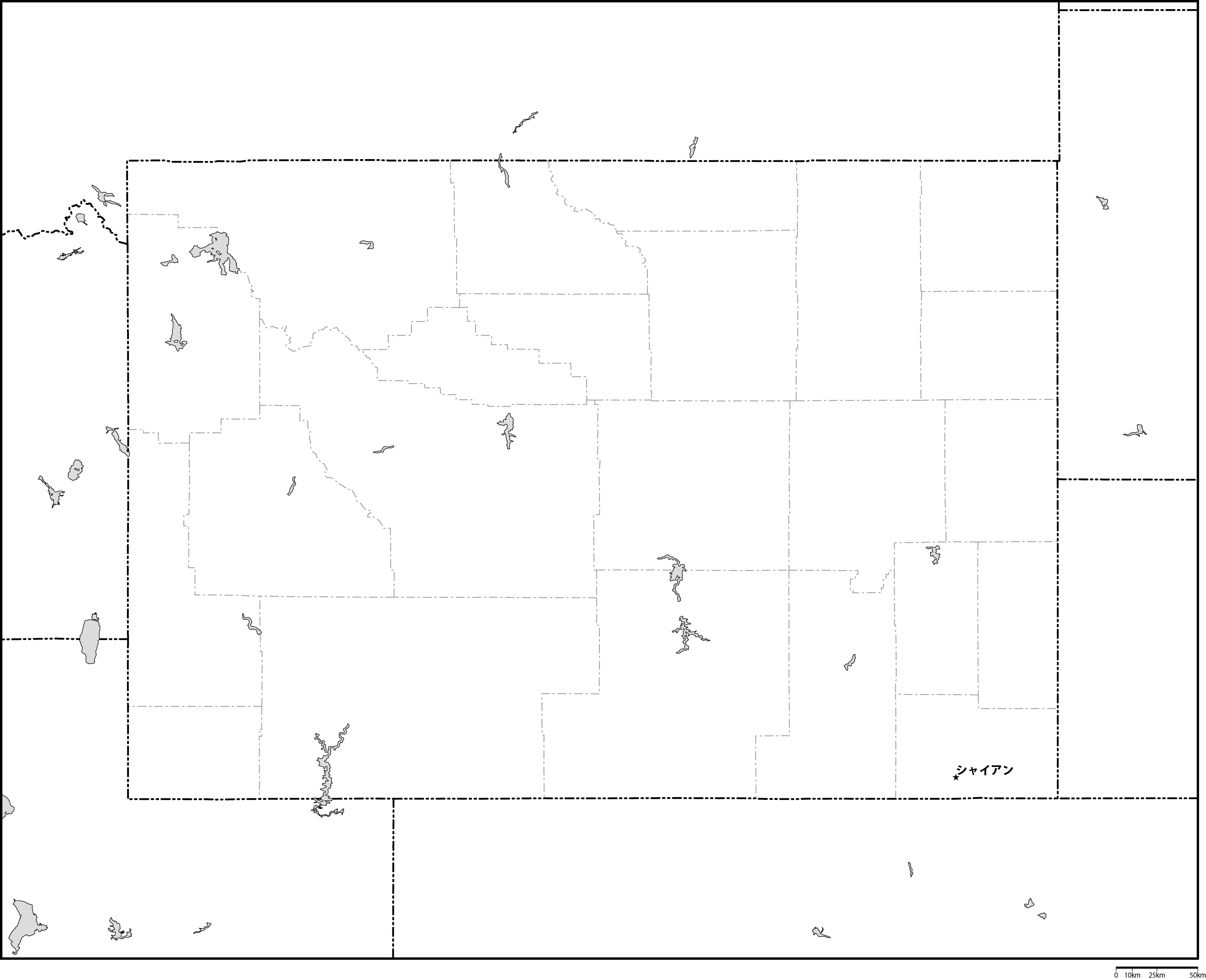 ワイオミング州郡分け白地図州都あり(日本語)フリーデータの画像