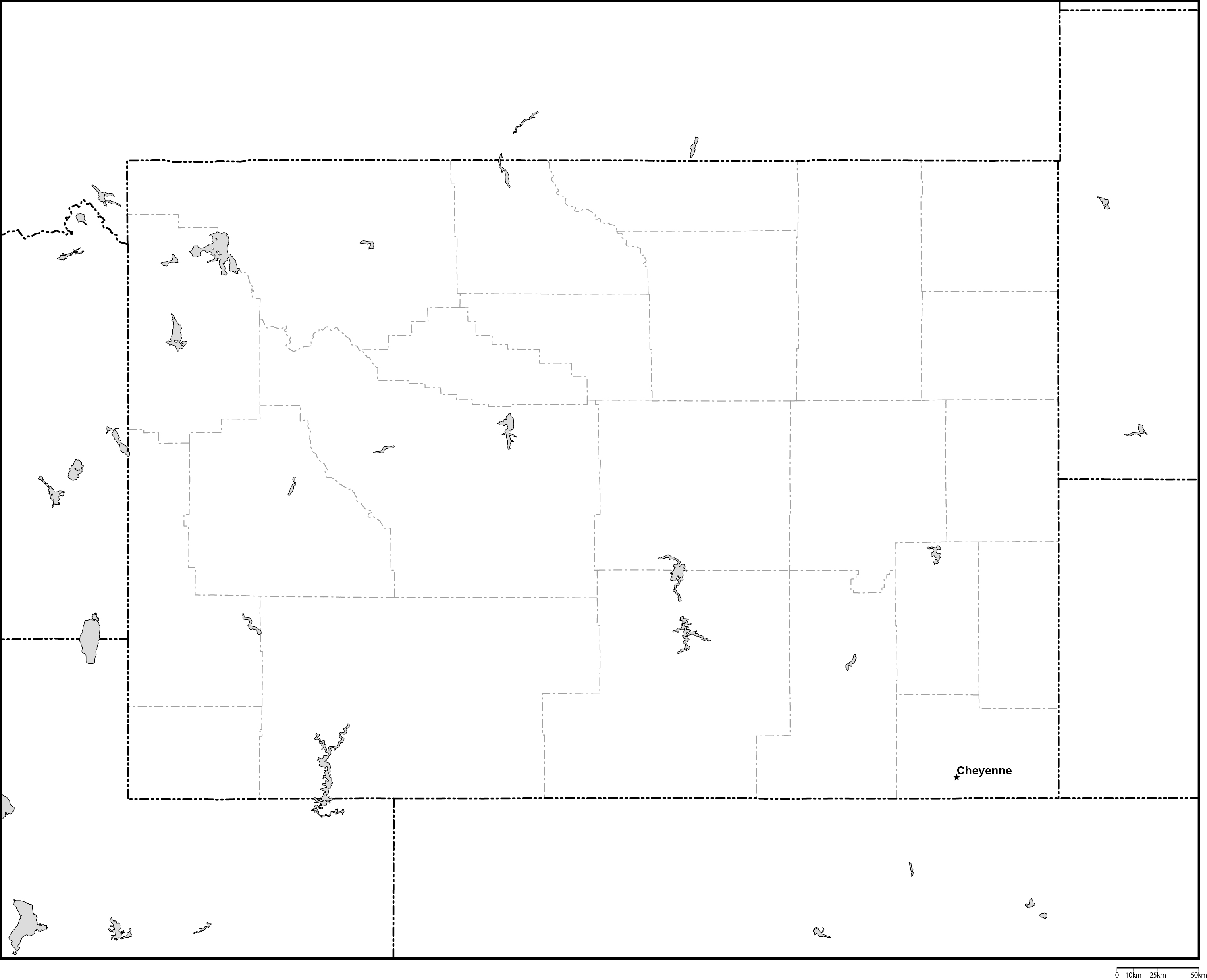 ワイオミング州郡分け白地図州都あり(英語)フリーデータの画像