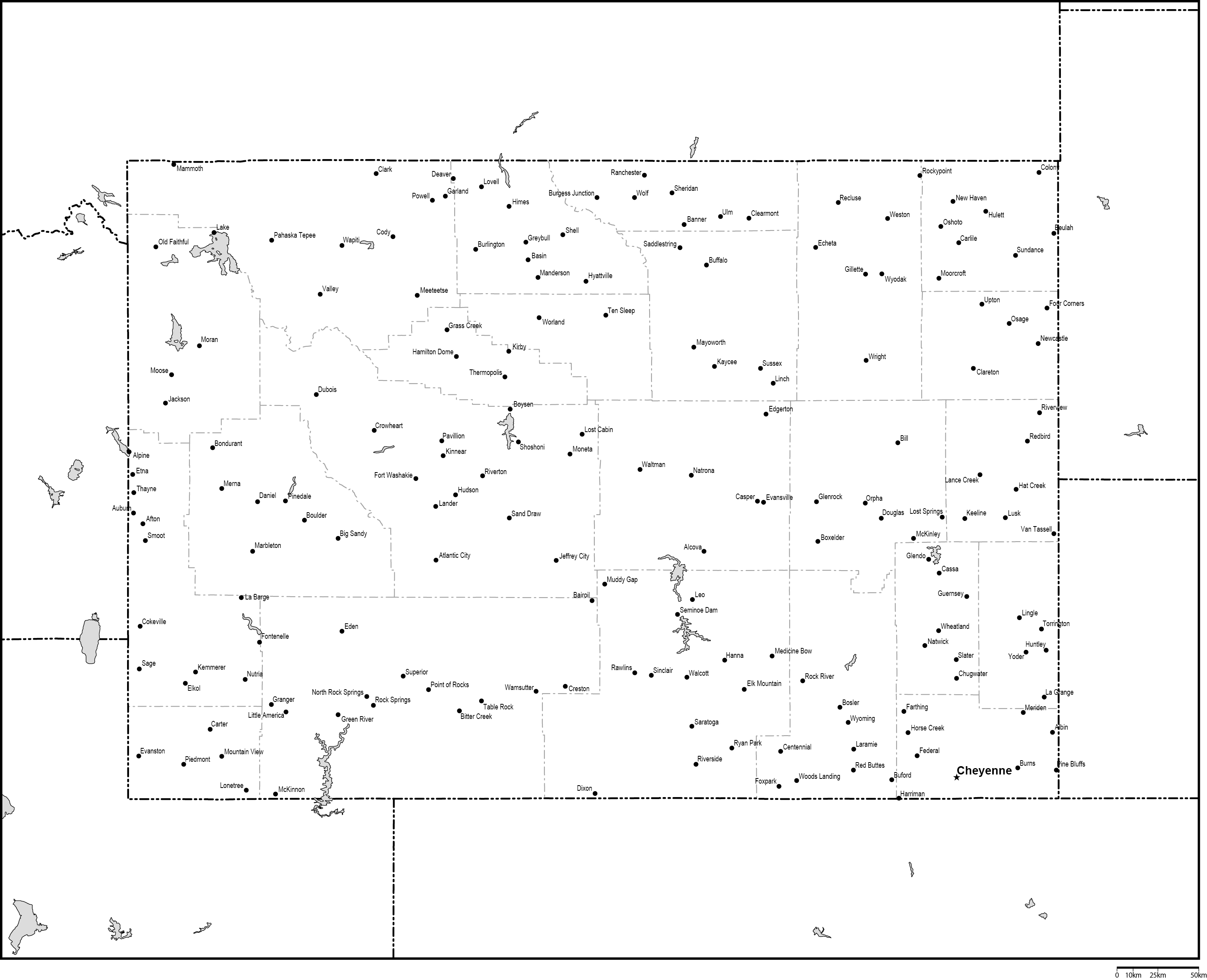 ワイオミング州郡分け白地図州都・主な都市あり(英語)フリーデータの画像