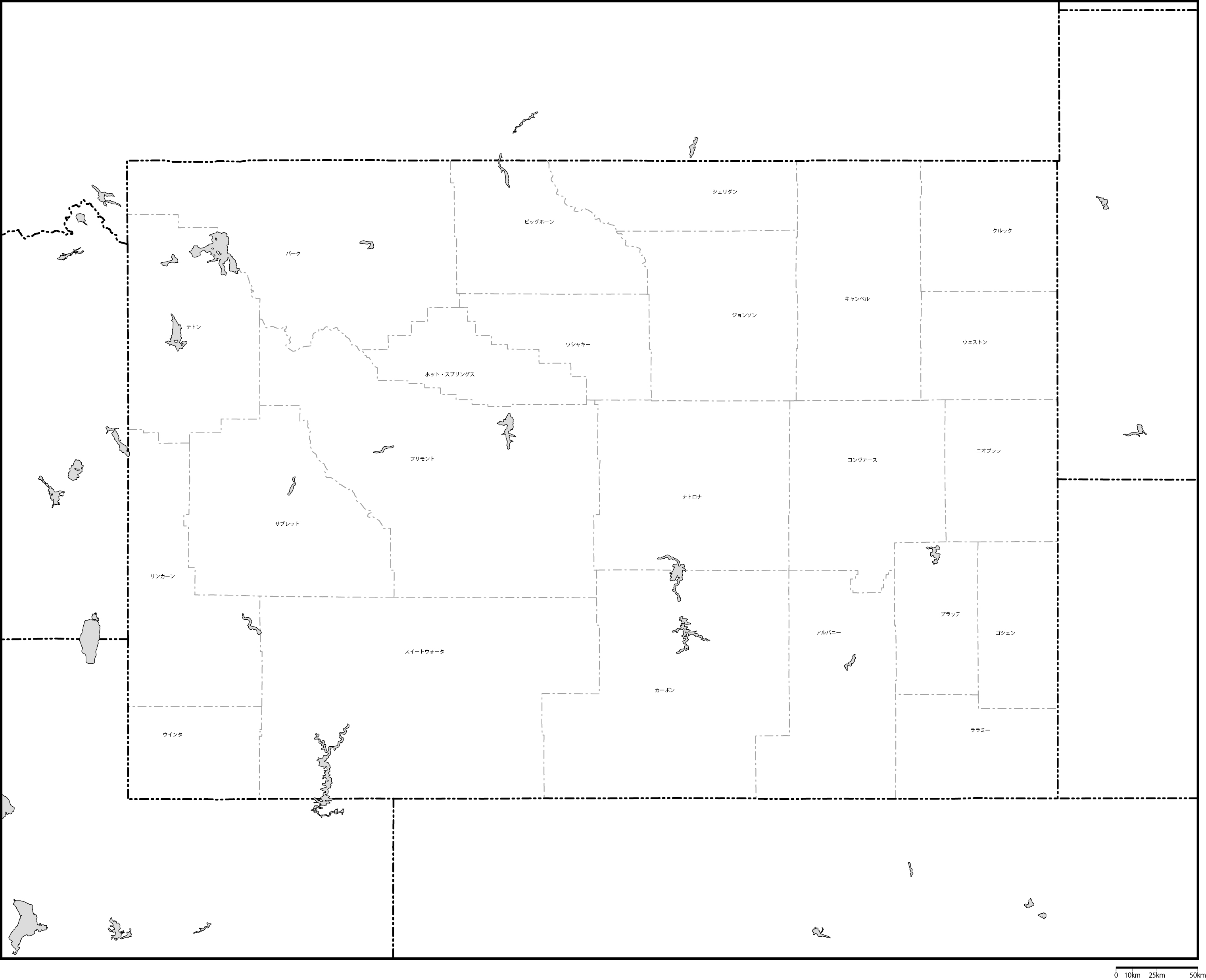 ワイオミング州郡分け地図郡名あり(日本語)フリーデータの画像