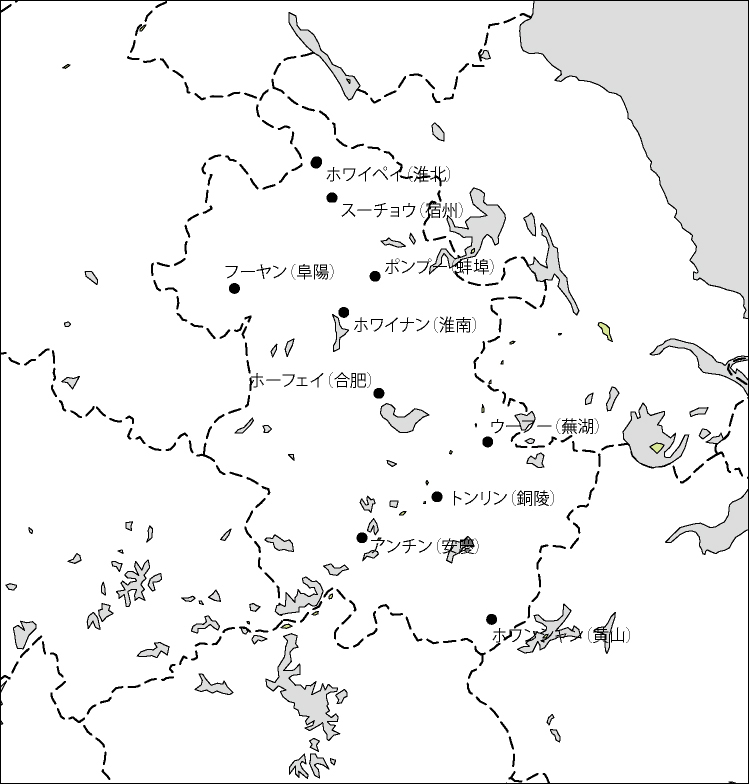 安徽省白地図(主な都市あり)のフリーデータの画像