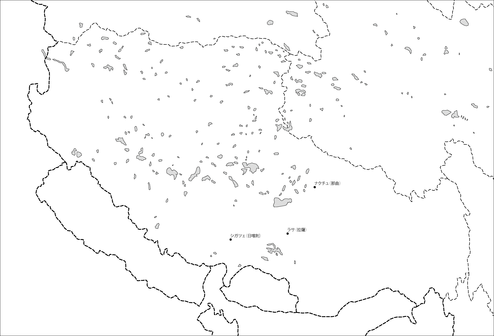 チベット自治区白地図(主な都市あり)のフリーデータの画像