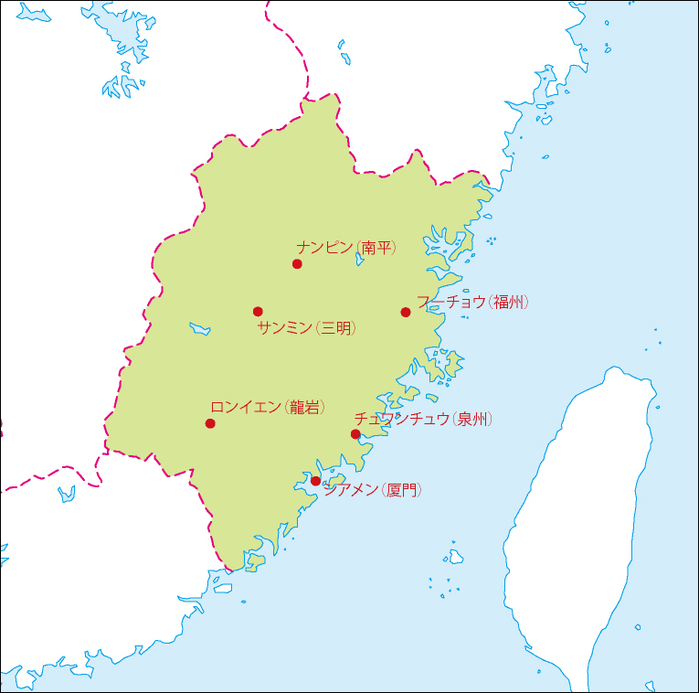 福建省地図(主な都市あり)のフリーデータの画像