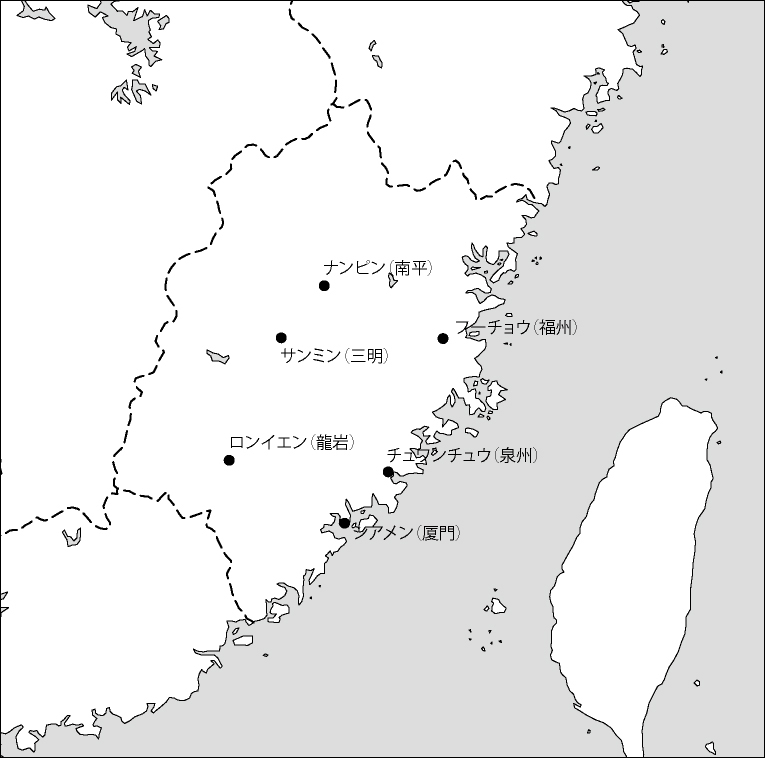 福建省白地図(主な都市あり)のフリーデータの画像