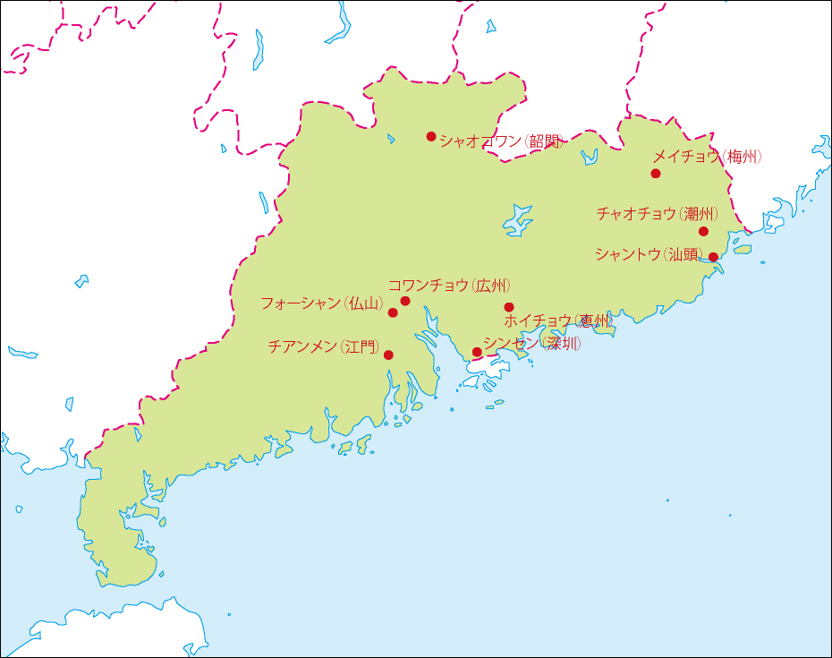 広東省地図(主な都市あり)のフリーデータの画像