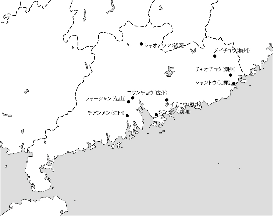 広東省白地図(主な都市あり)のフリーデータの画像