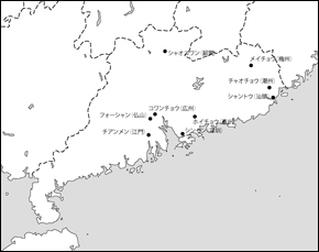 広東省白地図(主な都市あり)の小さい画像