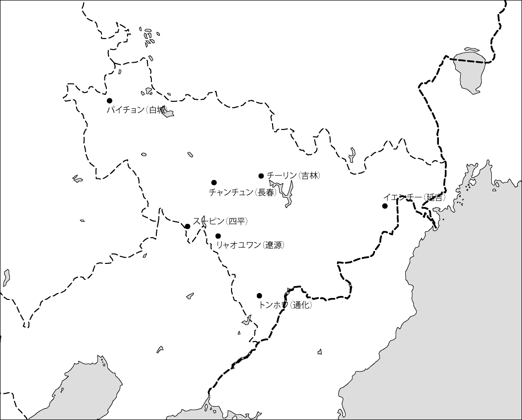 吉林省白地図(主な都市あり)のフリーデータの画像