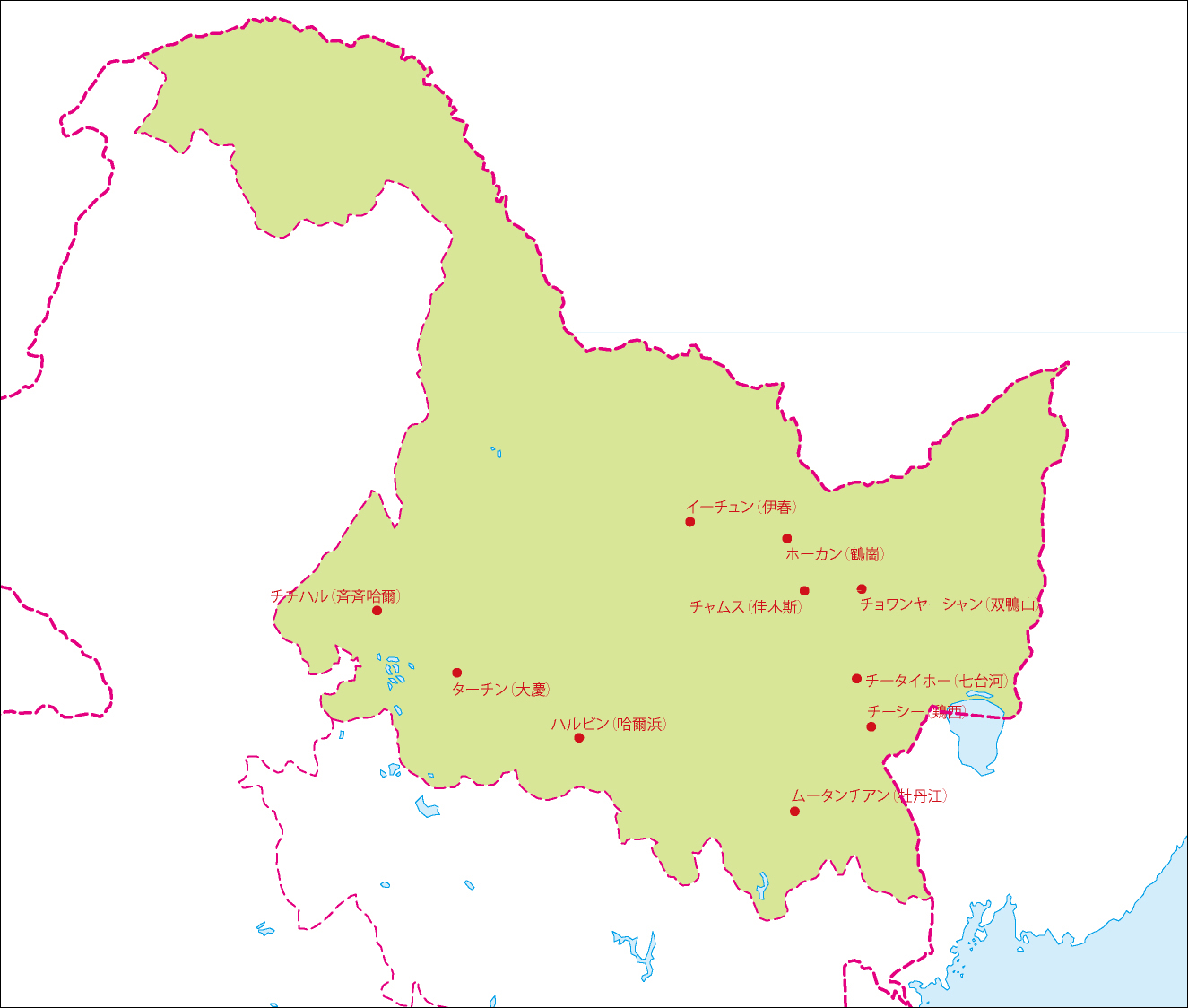 黒竜江省地図(主な都市あり)のフリーデータの画像