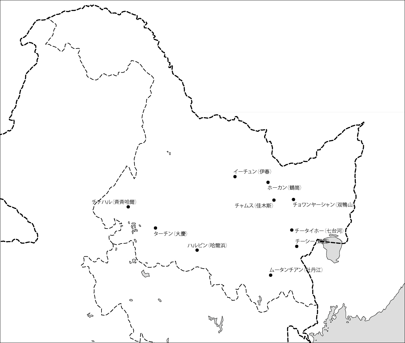 黒竜江省白地図(主な都市あり)のフリーデータの画像