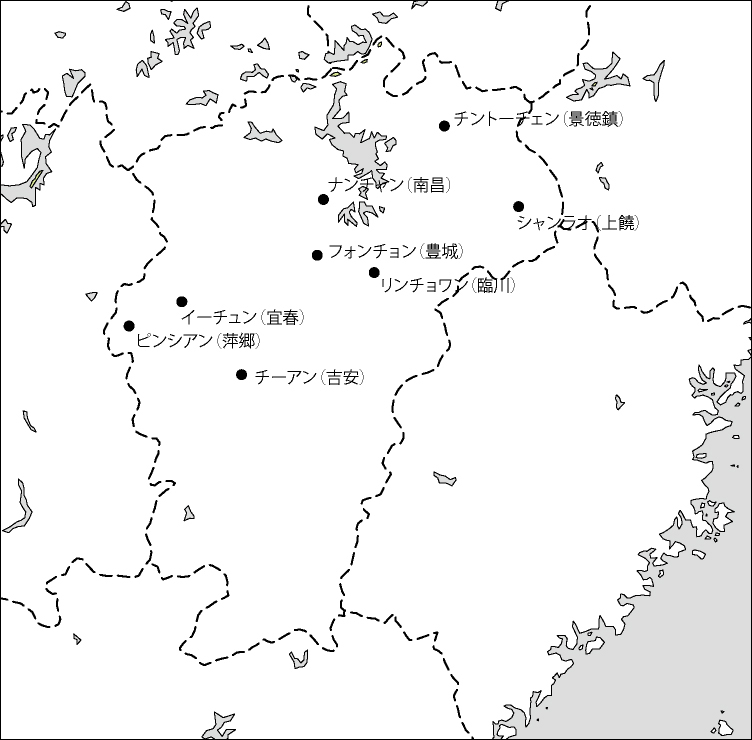 江西省白地図(主な都市あり)のフリーデータの画像