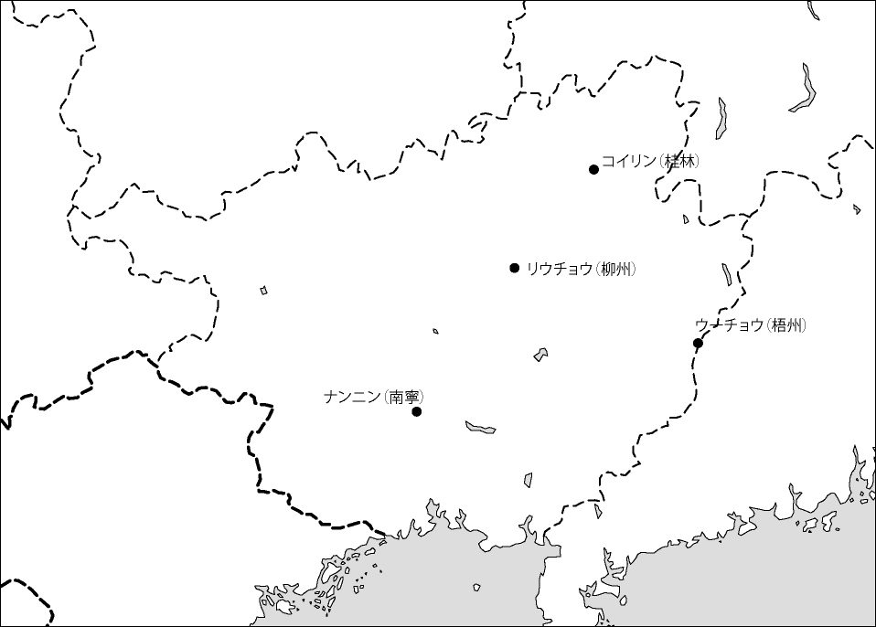 広西チワン族自治区白地図(主な都市あり)のフリーデータの画像