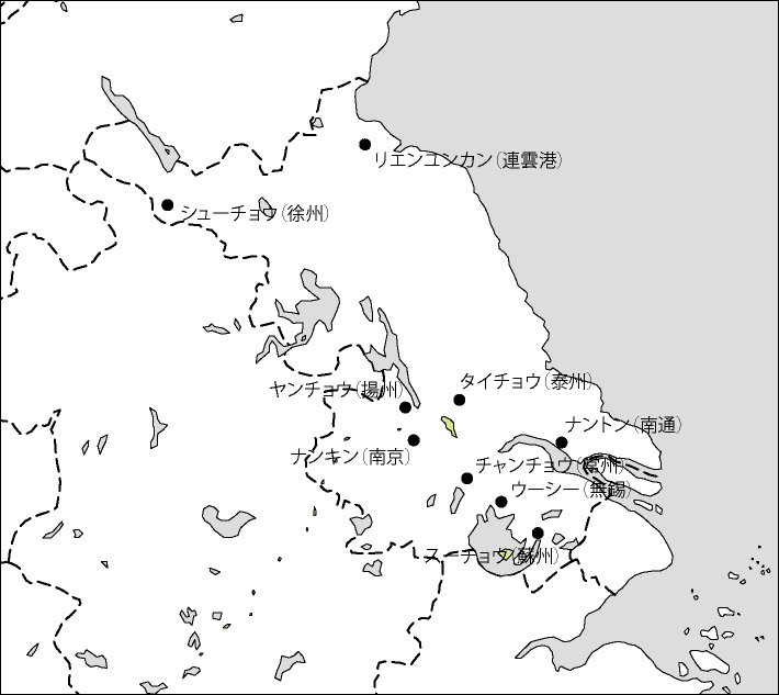江蘇省白地図(主な都市あり)のフリーデータの画像
