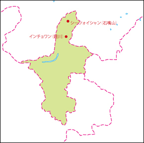 寧夏回族自治区地図(主な都市あり)の小さい画像
