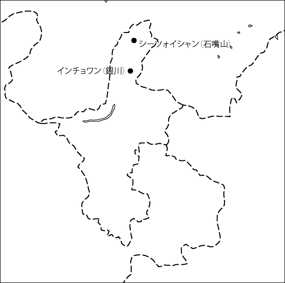 寧夏回族自治区白地図(主な都市あり)のフリーデータの画像