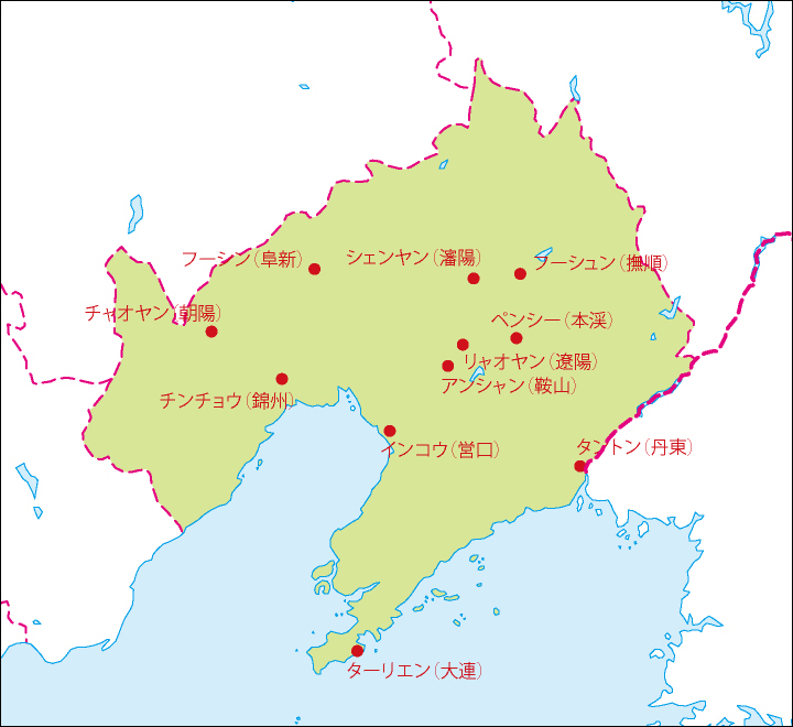 遼寧省地図(主な都市あり)のフリーデータの画像