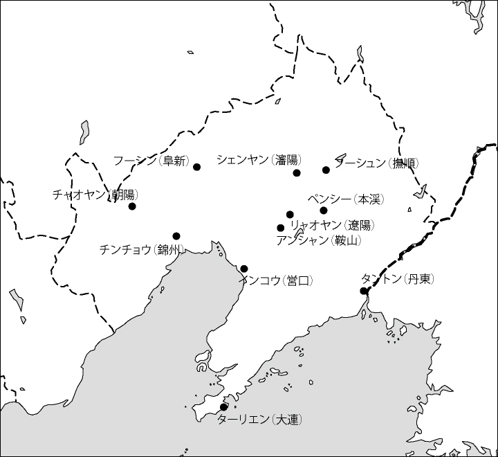 遼寧省白地図(主な都市あり)のフリーデータの画像