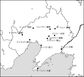 遼寧省白地図(主な都市あり)の小さい画像