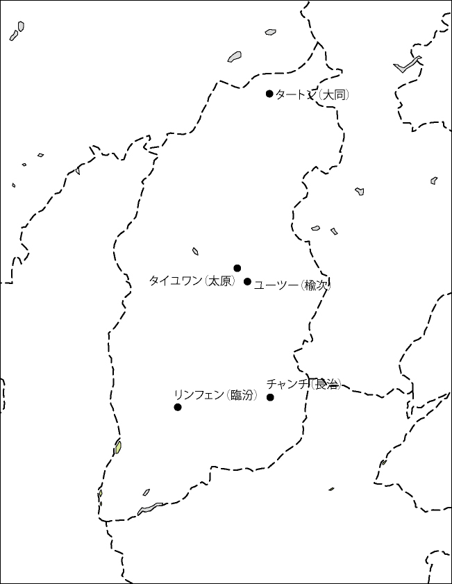 山西省白地図(主な都市あり)のフリーデータの画像