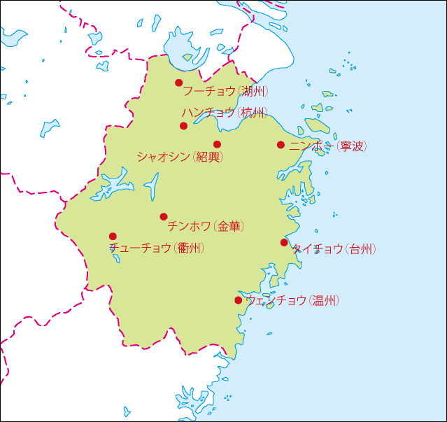 浙江省地図(主な都市あり)のフリーデータの画像