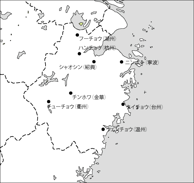 浙江省白地図(主な都市あり)のフリーデータの画像