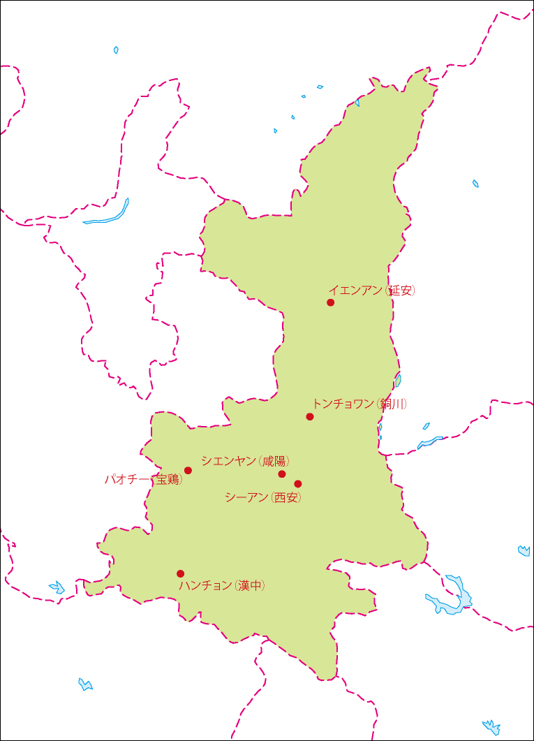 陝西省地図(主な都市あり)のフリーデータの画像