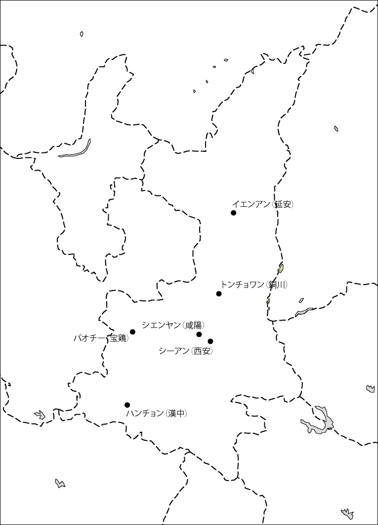 陝西省白地図(主な都市あり)のフリーデータの画像