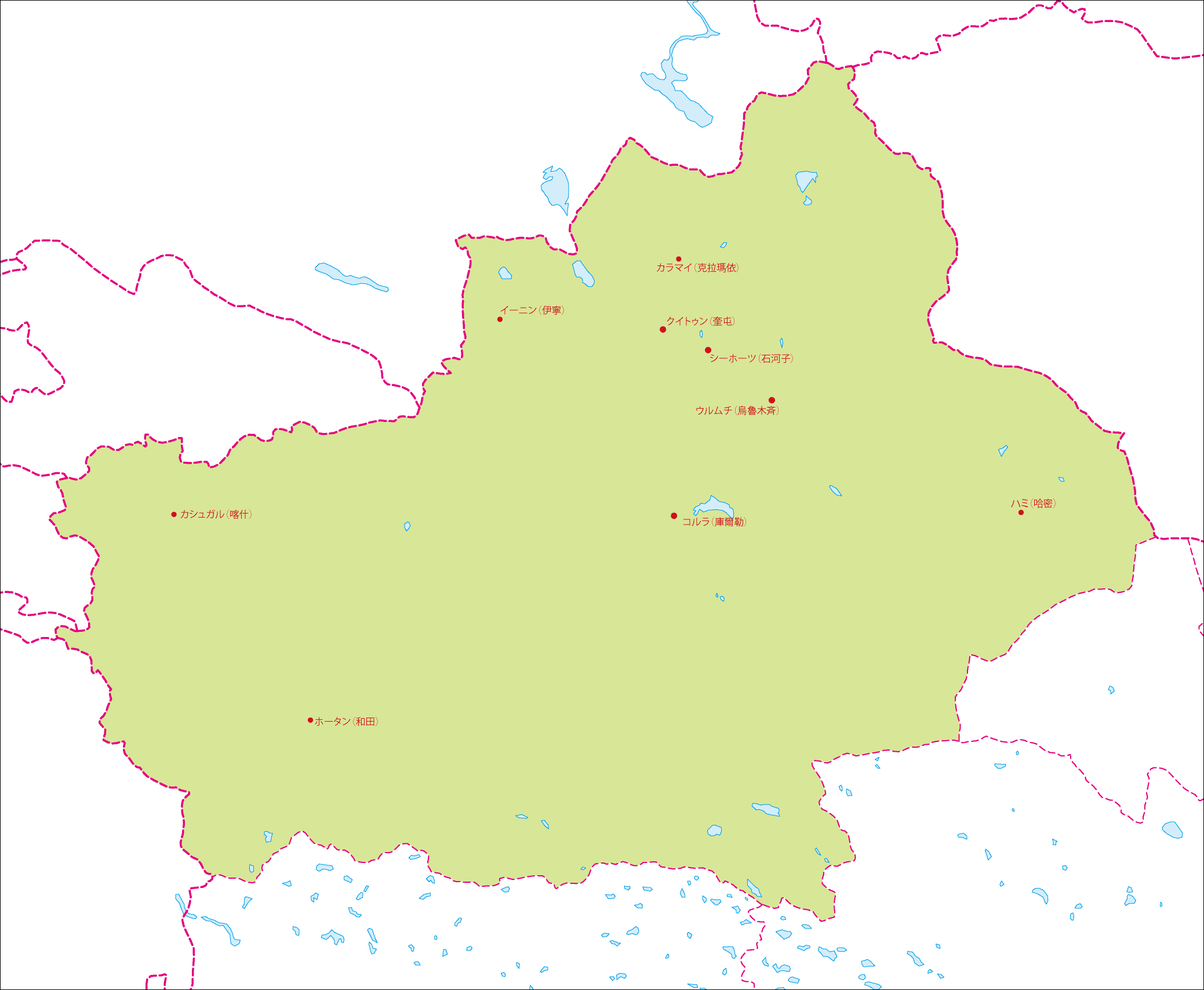新疆ウイグル自治区地図(主な都市あり)のフリーデータの画像