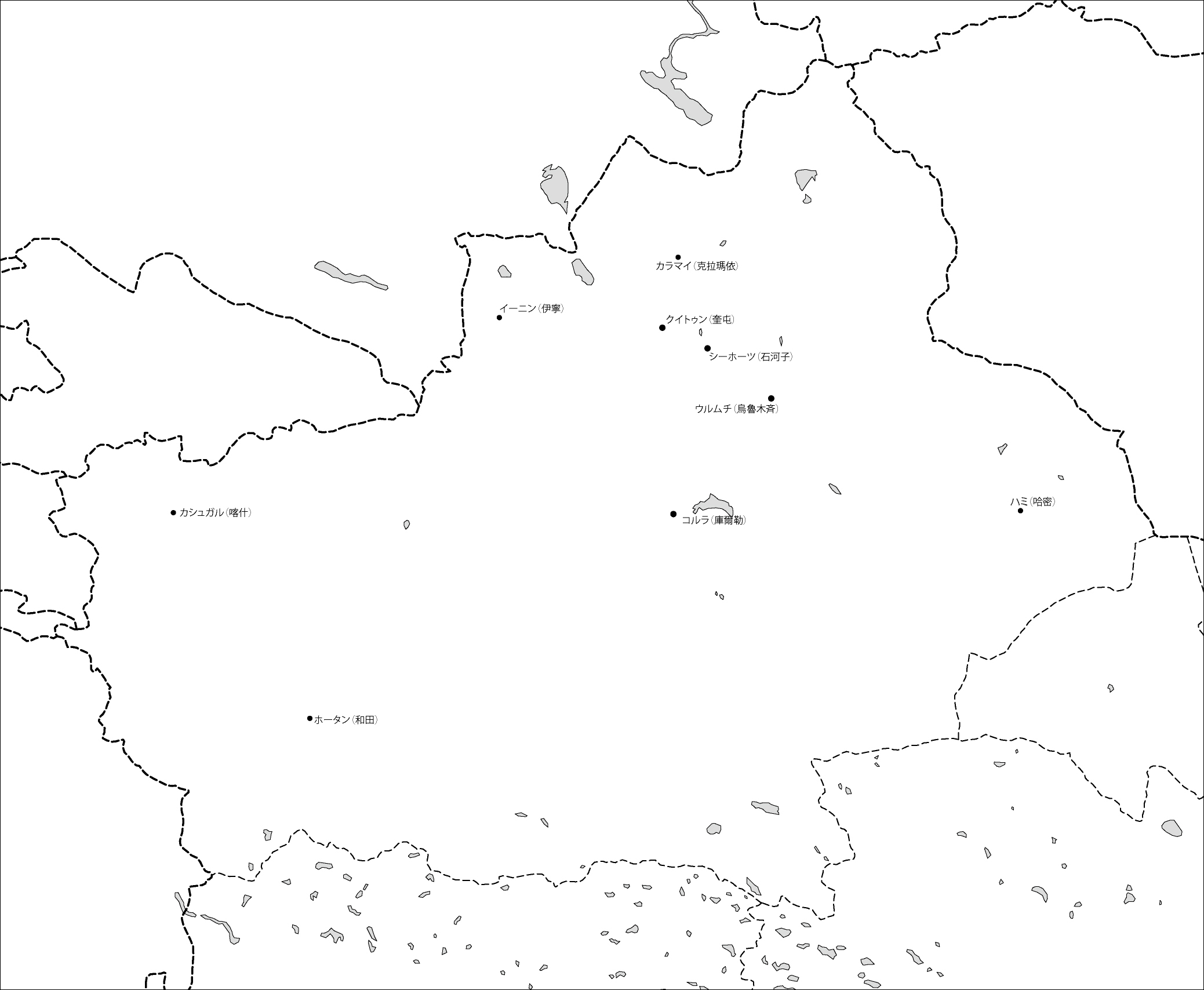 新疆ウイグル自治区白地図(主な都市あり)のフリーデータの画像