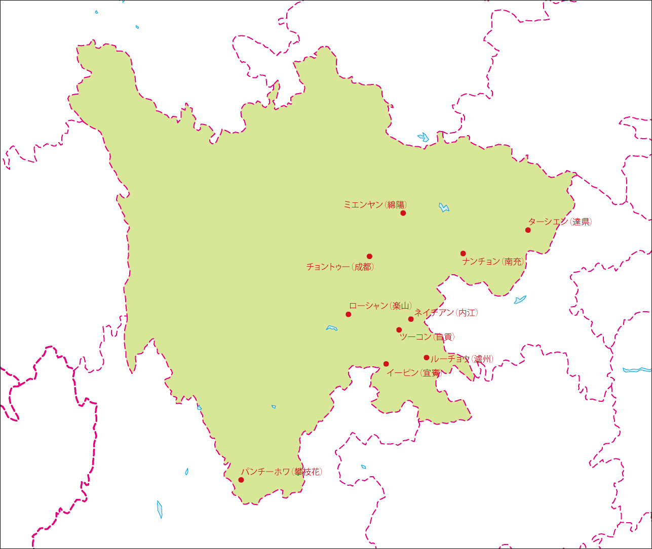 四川省地図(主な都市あり)のフリーデータの画像