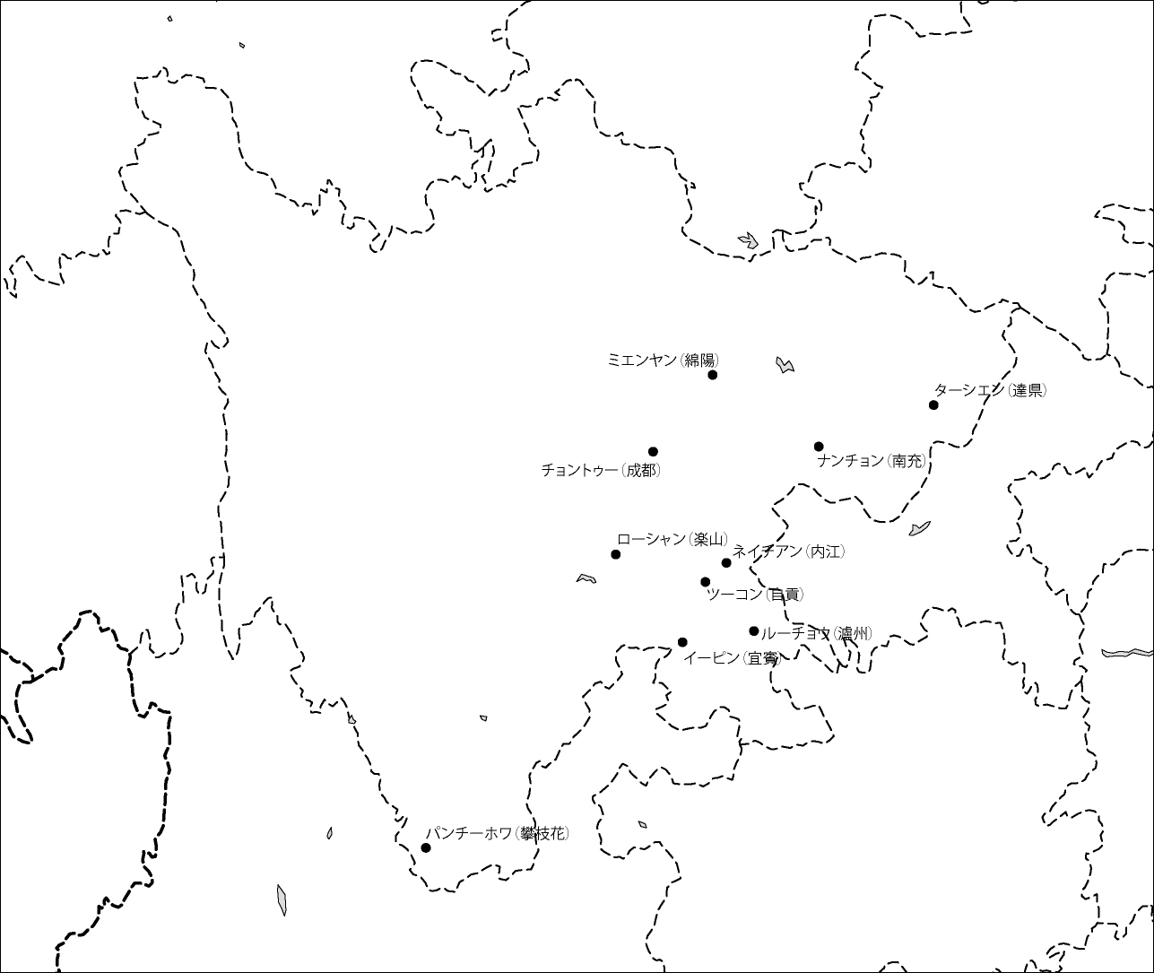 四川省白地図(主な都市あり)のフリーデータの画像