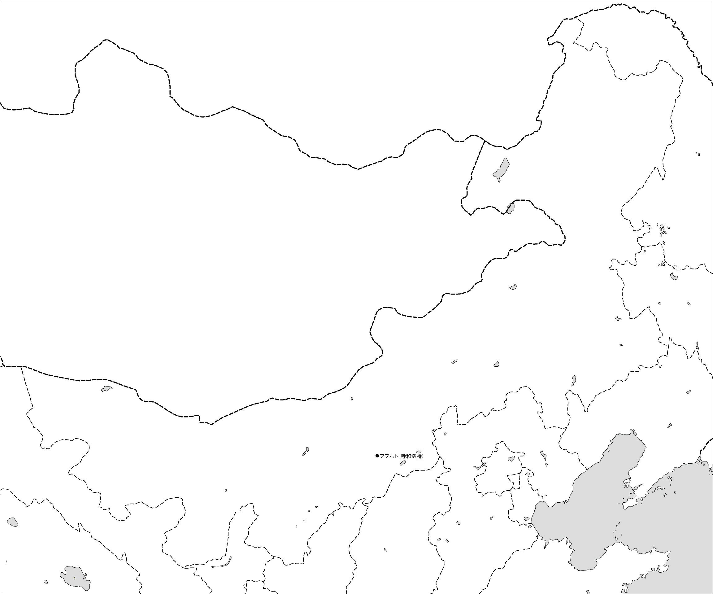 内モンゴル自治区白地図(省都あり)のフリーデータの画像