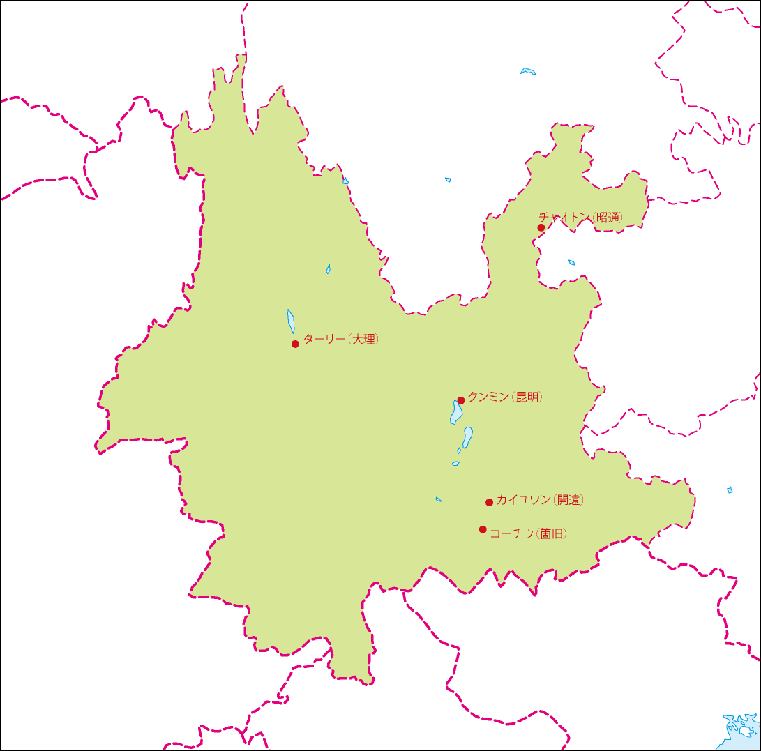雲南省地図(主な都市あり)のフリーデータの画像