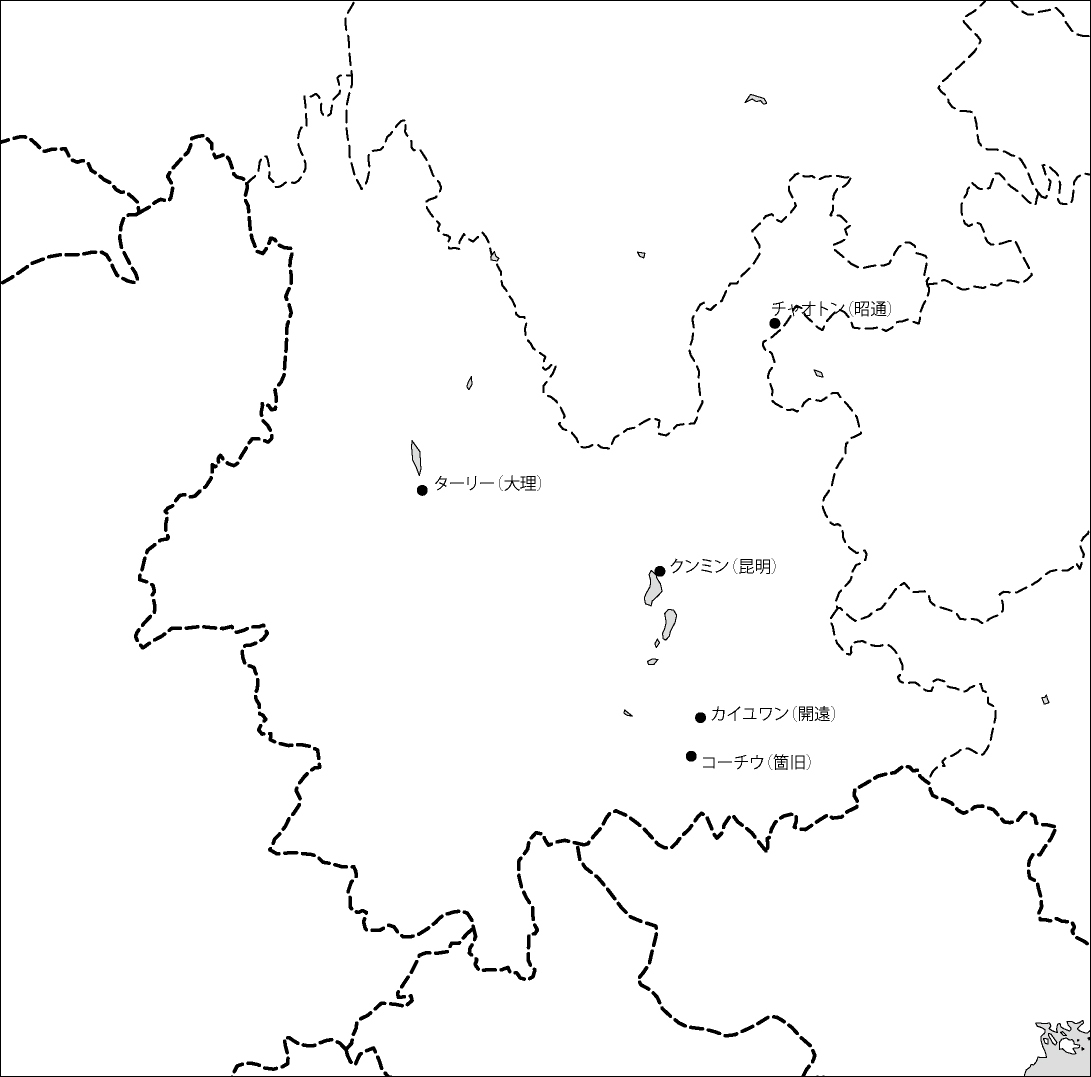 雲南省白地図(主な都市あり)のフリーデータの画像