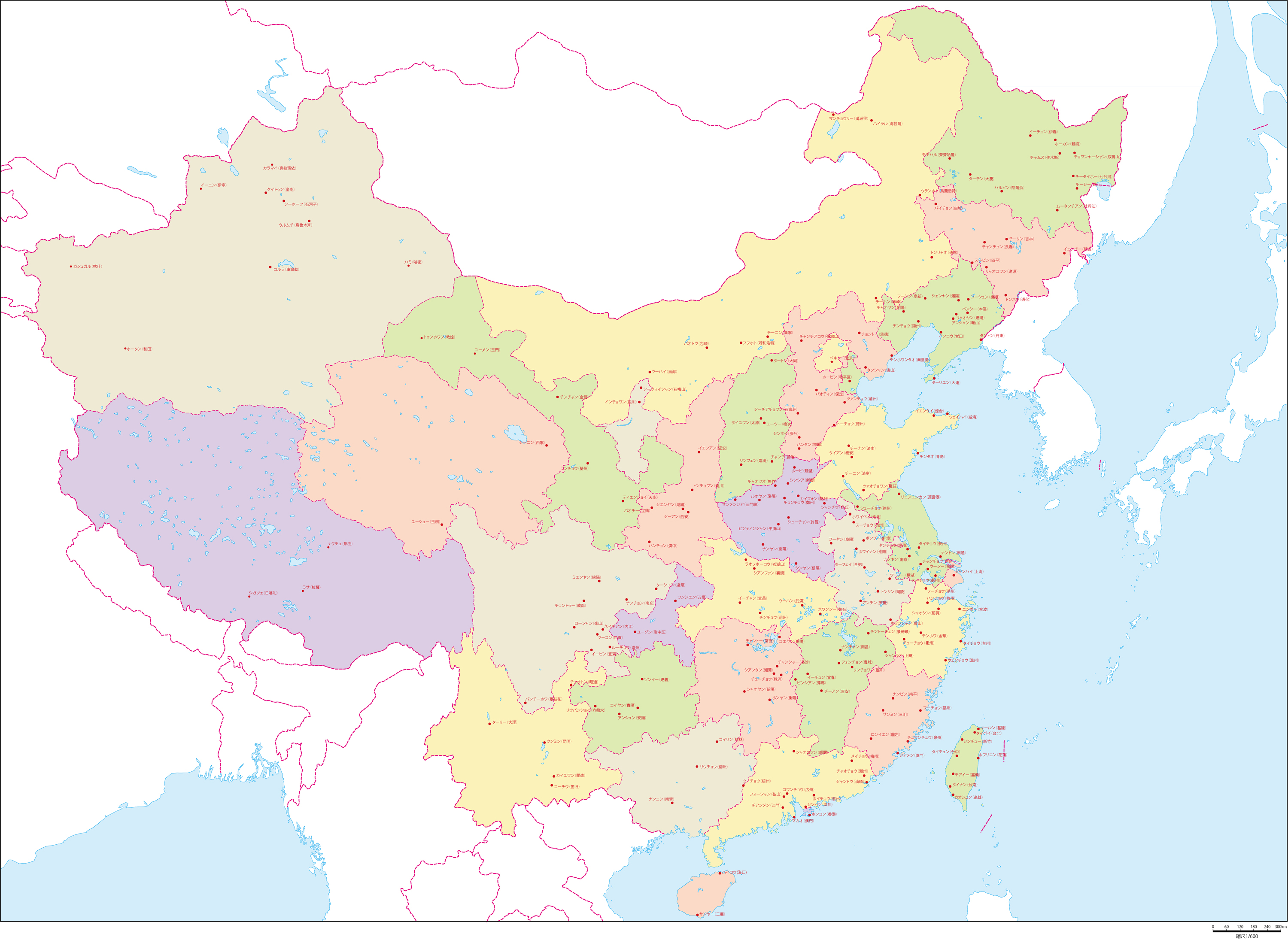 中華人民共和国行政区分全土地図(主な都市あり)の画像