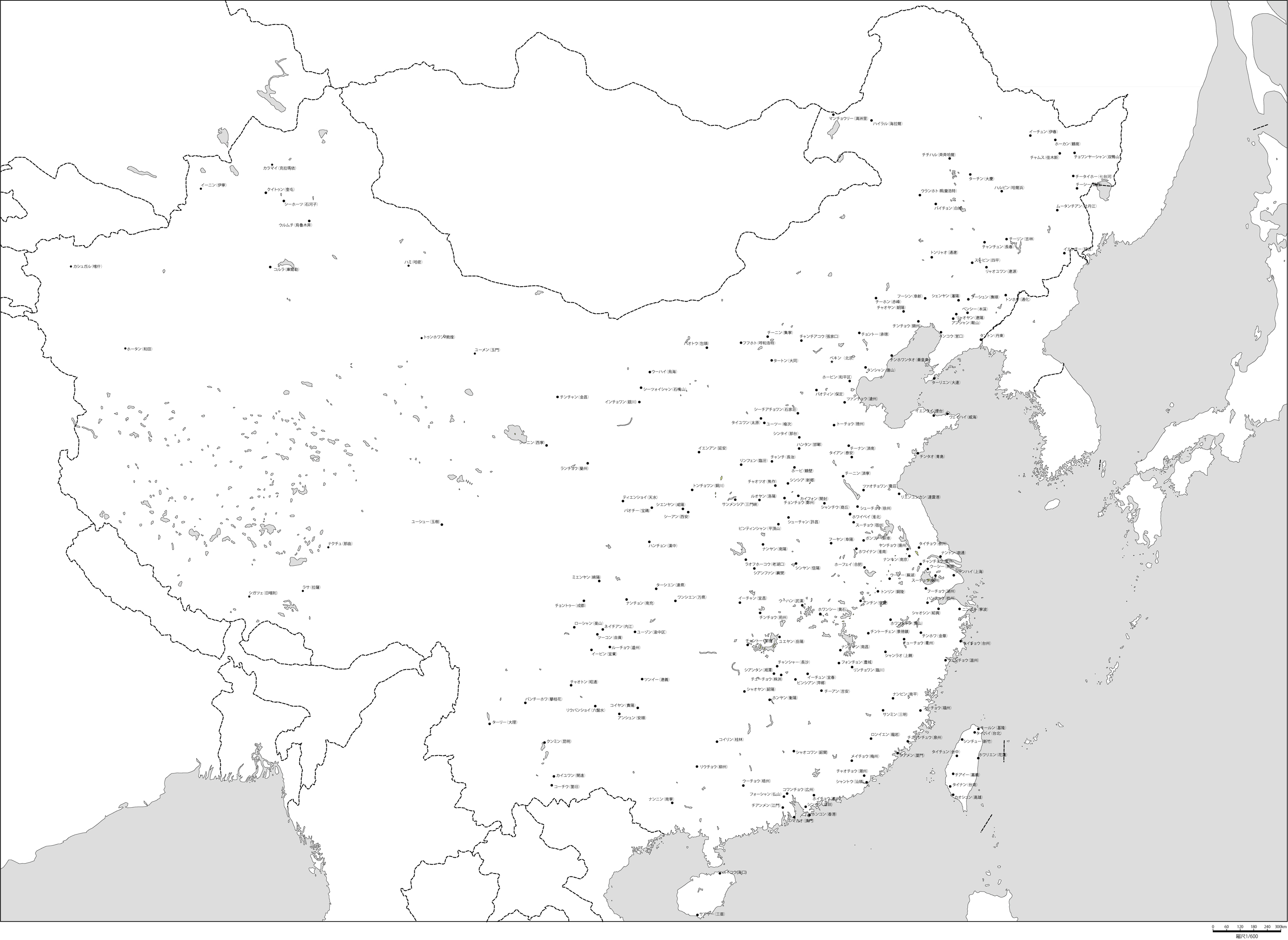 中華人民共和国全土白地図 主な都市あり のフリーデータ