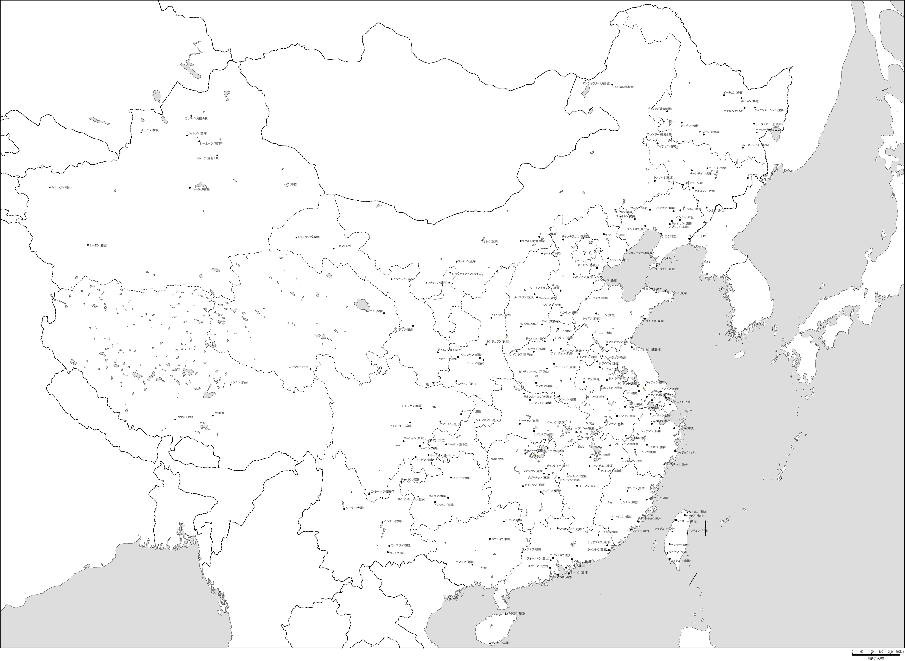 中華人民共和国行政区分全土白地図(主な都市あり)の画像