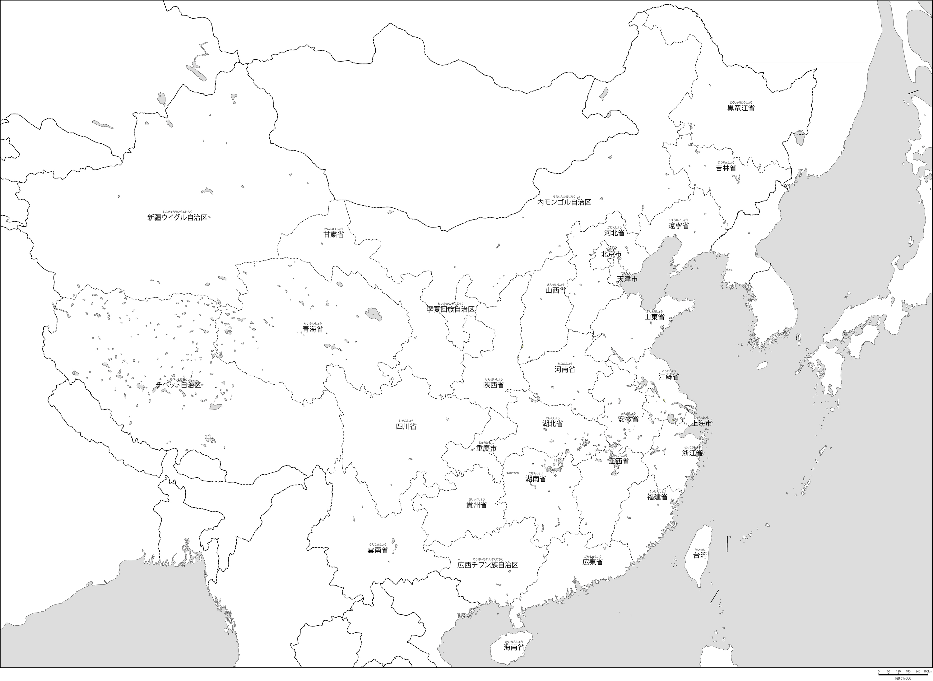 中華人民共和国行政区分全土白地図(行政区名あり)の画像
