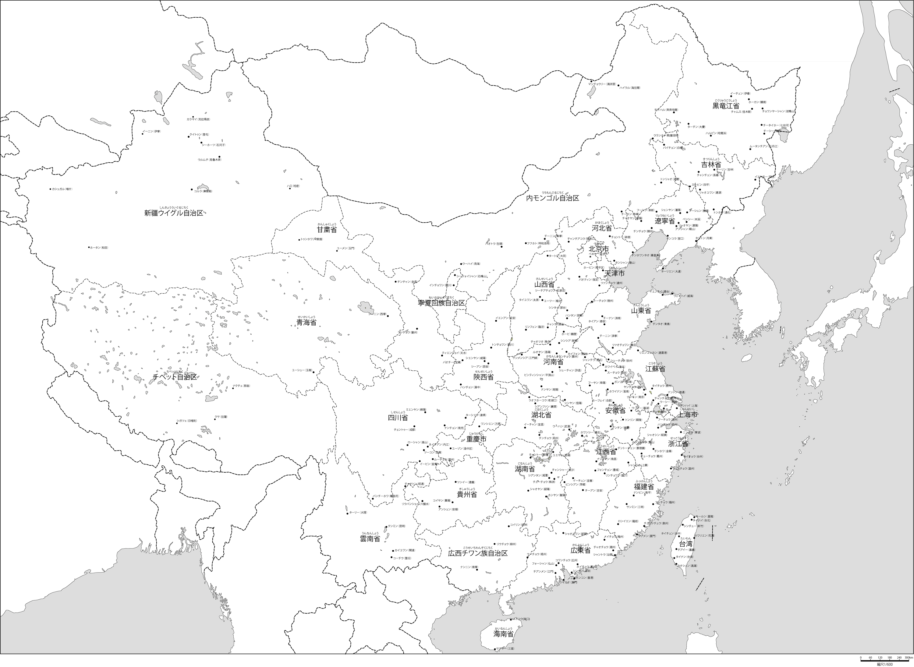 中華人民共和国行政区分全土白地図(行政区名・主な都市名あり)の画像