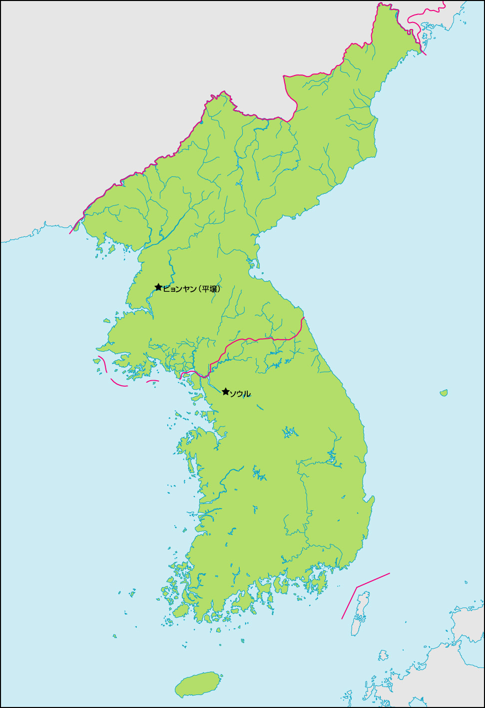 朝鮮半島地図(首都・国境記載)の画像