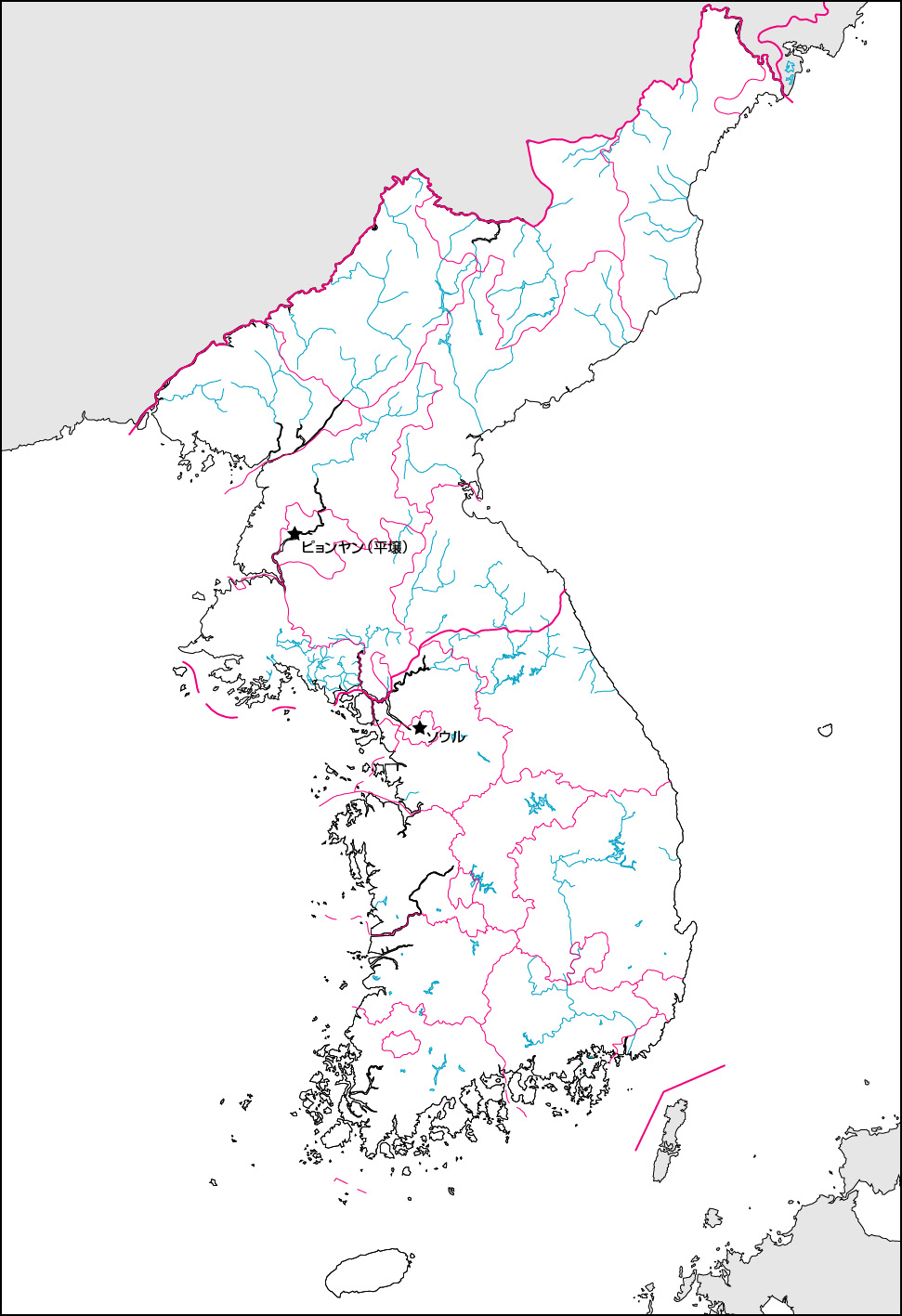 鮮半島白地図(行政区分・首都・国境記載)の画像